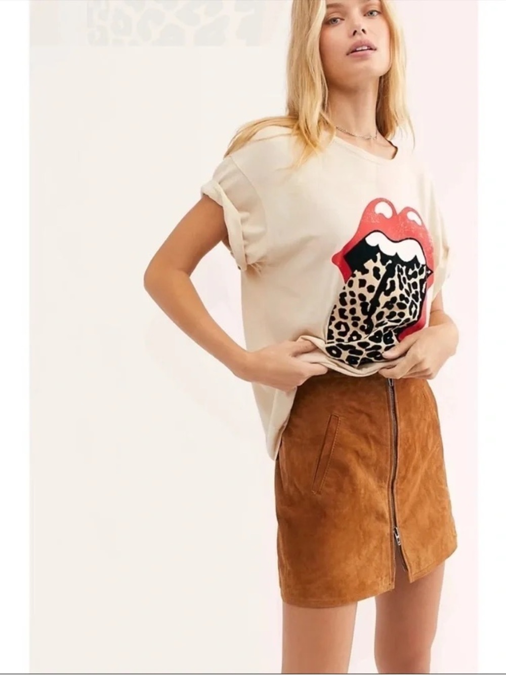 Day Dreamer Free People Small Rolling Stones Flocked Leopard Tongue T-Shirt